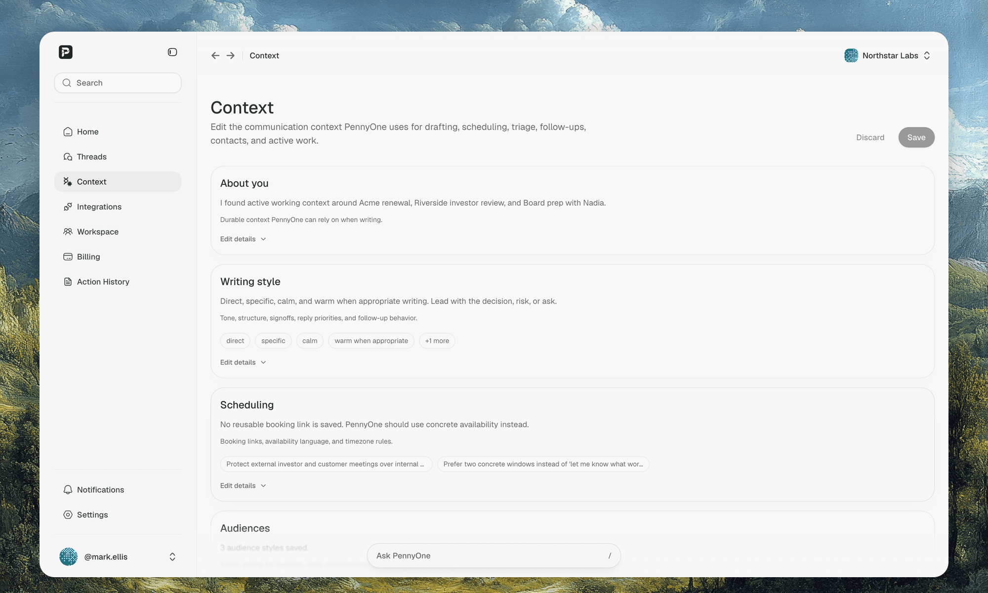 Context review page with editable communication profile