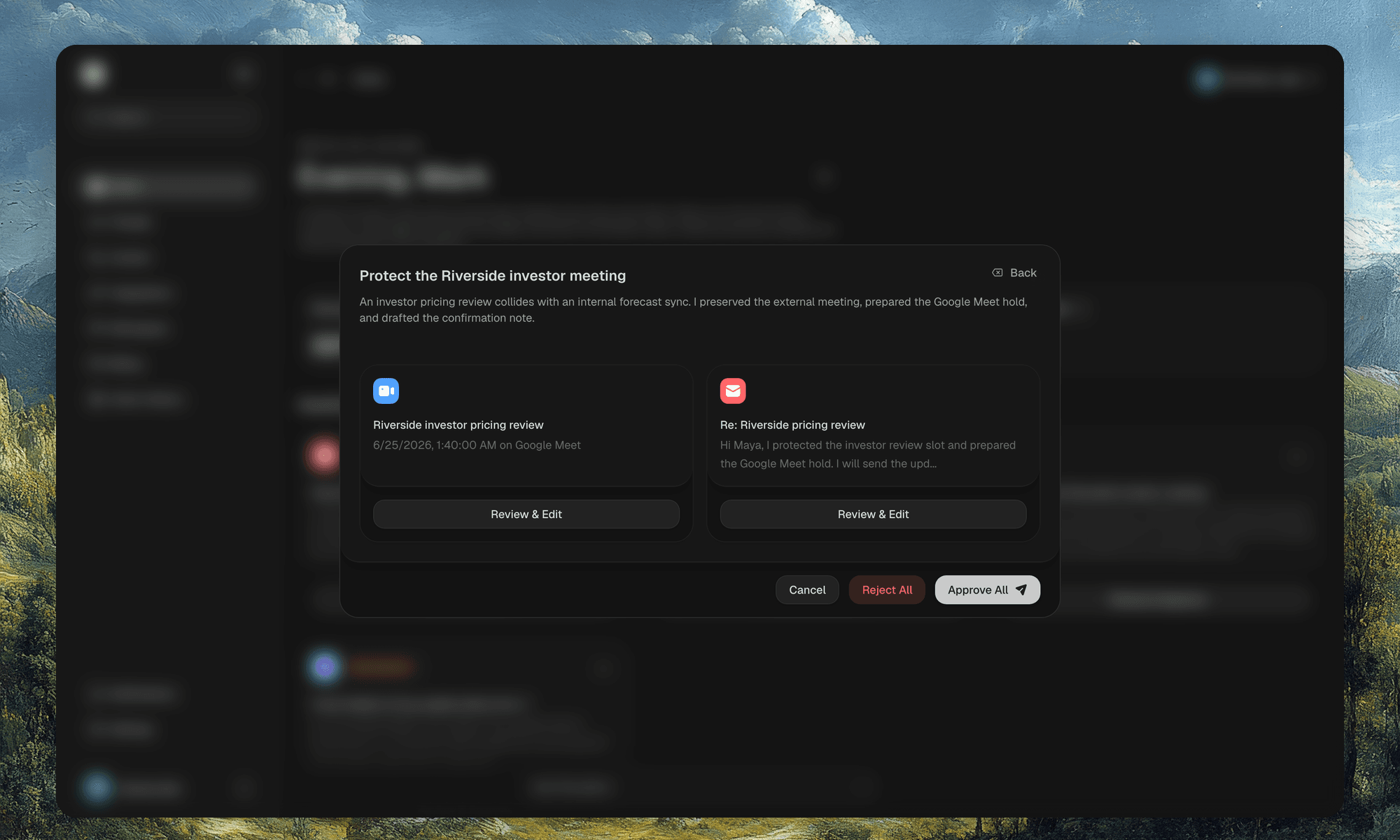 Meeting review modal with editable scheduling details