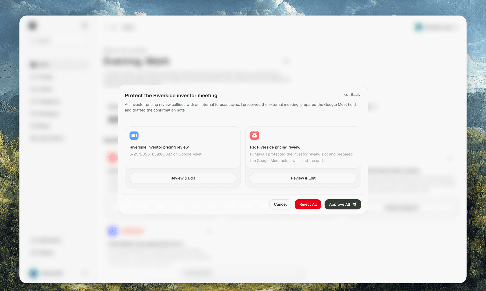 Meeting review modal with editable scheduling details