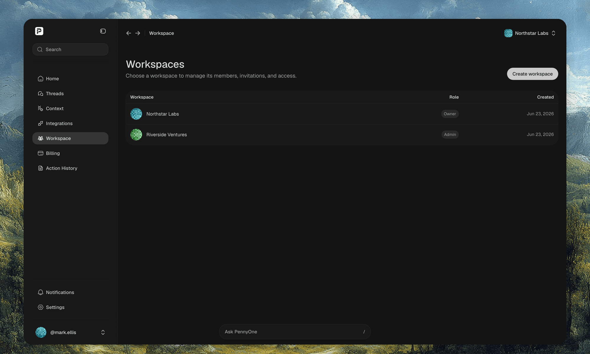 Workspace settings page