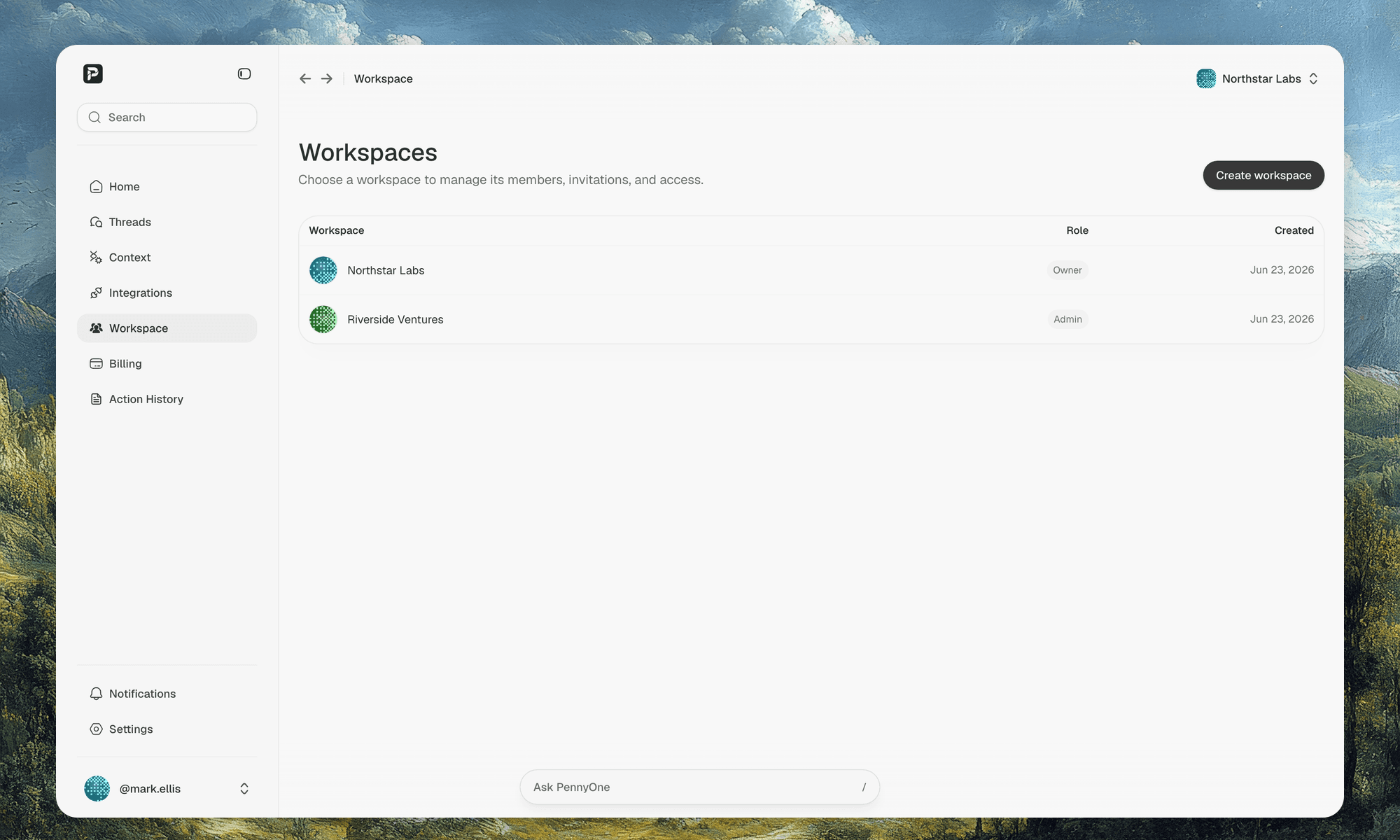Workspace settings page